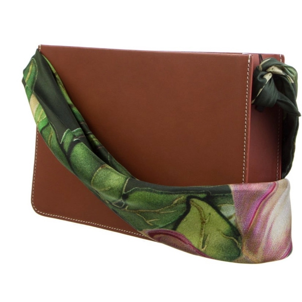 Montunas Brown Leather Crossbody Bag with Green Floral Scarf Strap